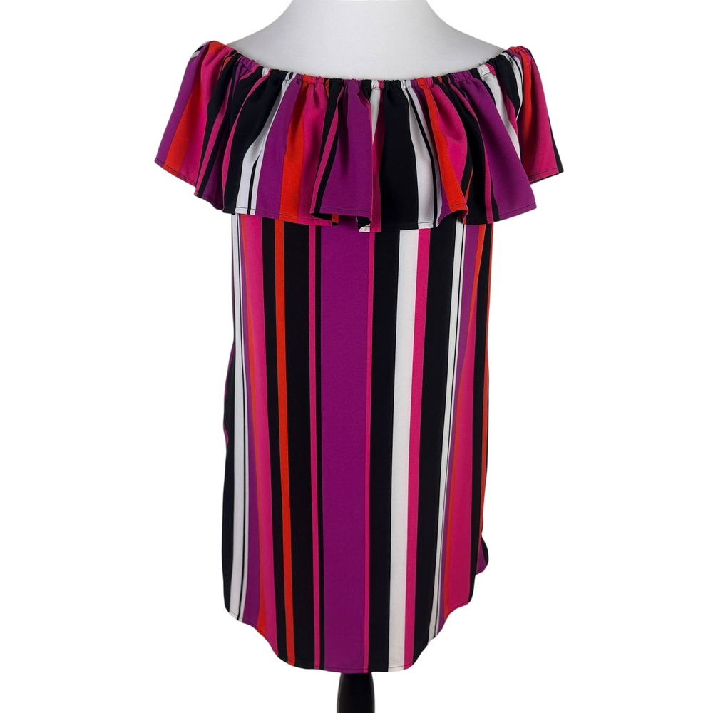 Bar III Women's Medium Pink Purple Striped Off Shoulder Ruffle Mini Shift Dress